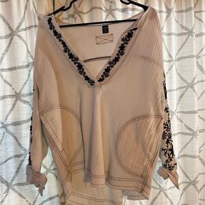 SHEIN Cream V-Neck Blouse with Black Embroidery